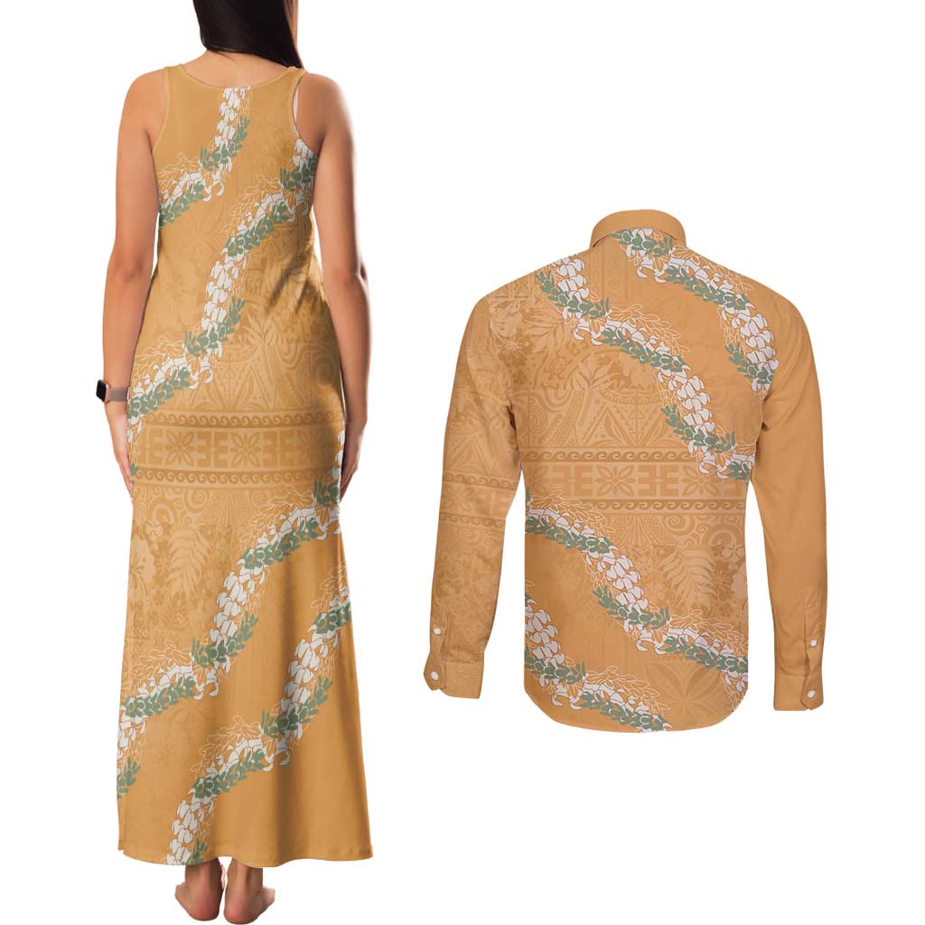 Aloha Pakalana and Puakenikeni Lei Couples Matching Tank Maxi Dress and Long Sleeve Button Shirt Gold Hawaiian Pattern LT9 - Polynesian Pride