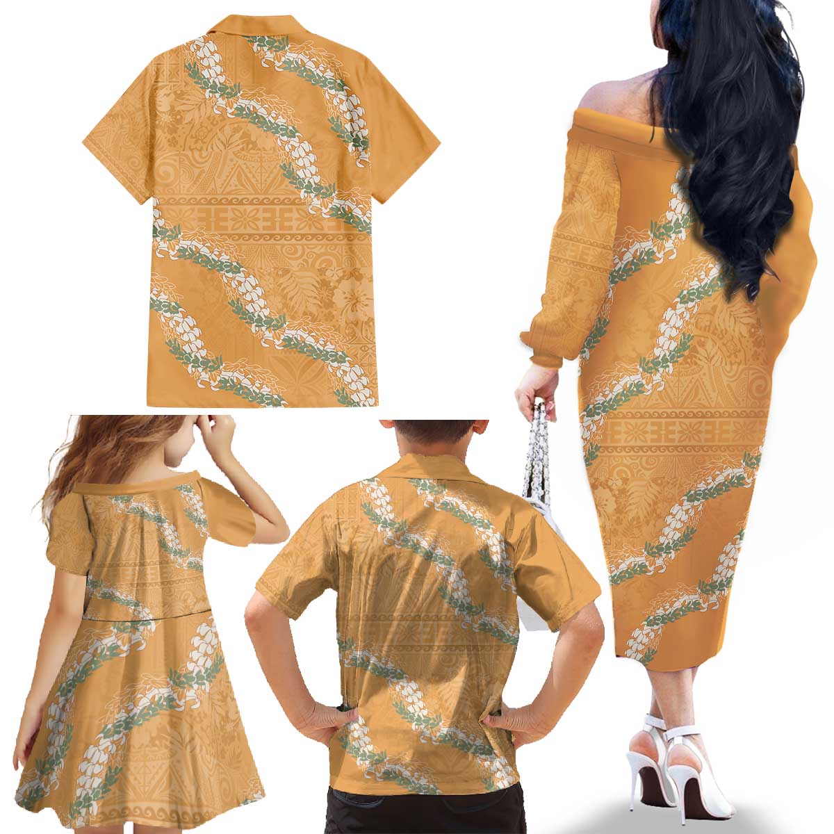 Aloha Pakalana and Puakenikeni Lei Family Matching Off The Shoulder Long Sleeve Dress and Hawaiian Shirt Gold Hawaiian Pattern LT9 - Polynesian Pride