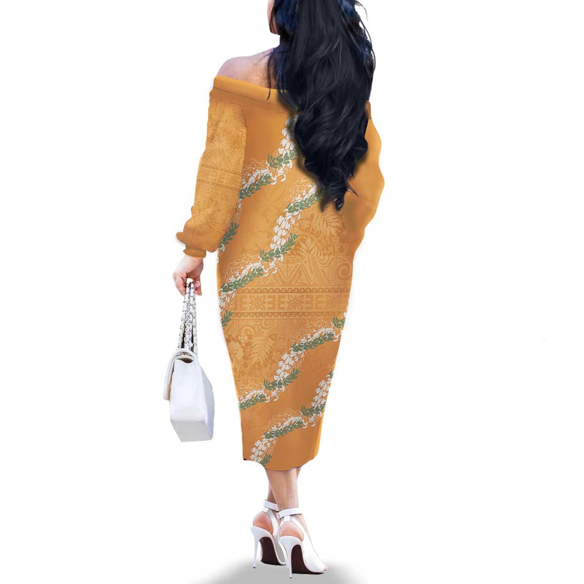 Aloha Pakalana and Puakenikeni Lei Family Matching Off The Shoulder Long Sleeve Dress and Hawaiian Shirt Gold Hawaiian Pattern LT9 - Polynesian Pride