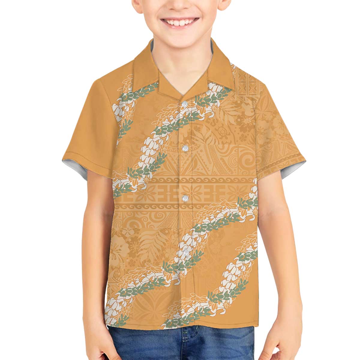 Aloha Pakalana and Puakenikeni Lei Family Matching Off The Shoulder Long Sleeve Dress and Hawaiian Shirt Gold Hawaiian Pattern LT9 Son's Shirt Gold - Polynesian Pride