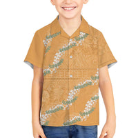 Aloha Pakalana and Puakenikeni Lei Family Matching Off The Shoulder Long Sleeve Dress and Hawaiian Shirt Gold Hawaiian Pattern LT9 Son's Shirt Gold - Polynesian Pride