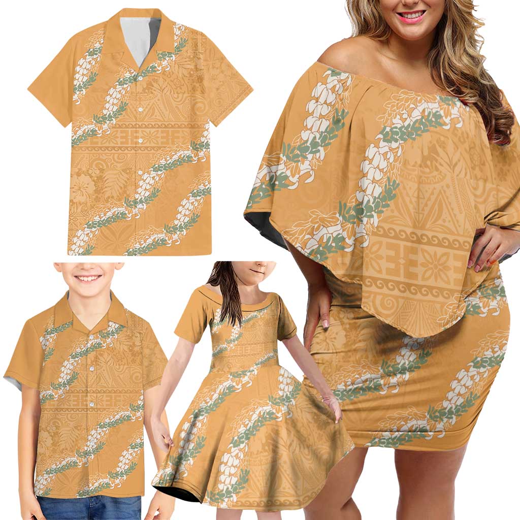 Aloha Pakalana and Puakenikeni Lei Family Matching Off Shoulder Short Dress and Hawaiian Shirt Gold Hawaiian Pattern LT9 - Polynesian Pride
