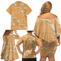 Aloha Pakalana and Puakenikeni Lei Family Matching Off Shoulder Short Dress and Hawaiian Shirt Gold Hawaiian Pattern LT9 - Polynesian Pride