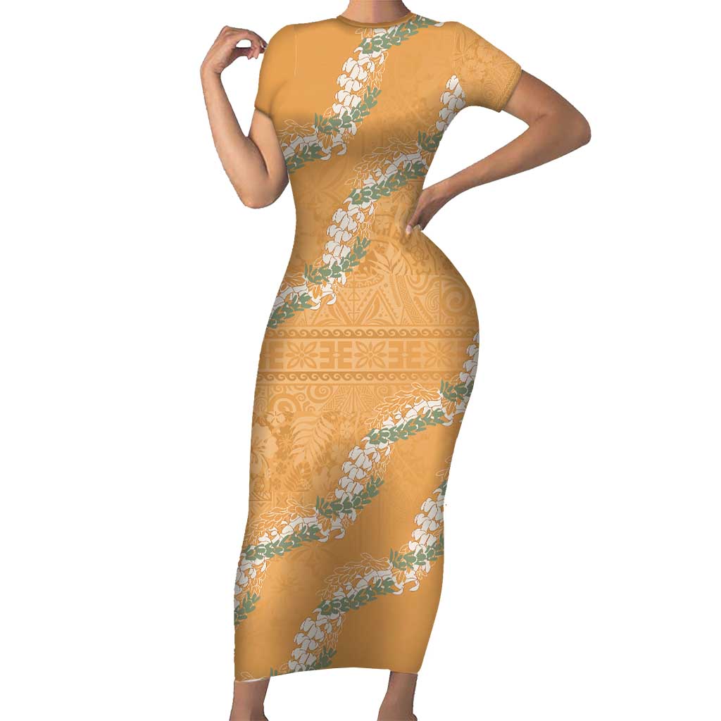 Aloha Pakalana and Puakenikeni Lei Family Matching Short Sleeve Bodycon Dress and Hawaiian Shirt Gold Hawaiian Pattern LT9 Mom's Dress Gold - Polynesian Pride