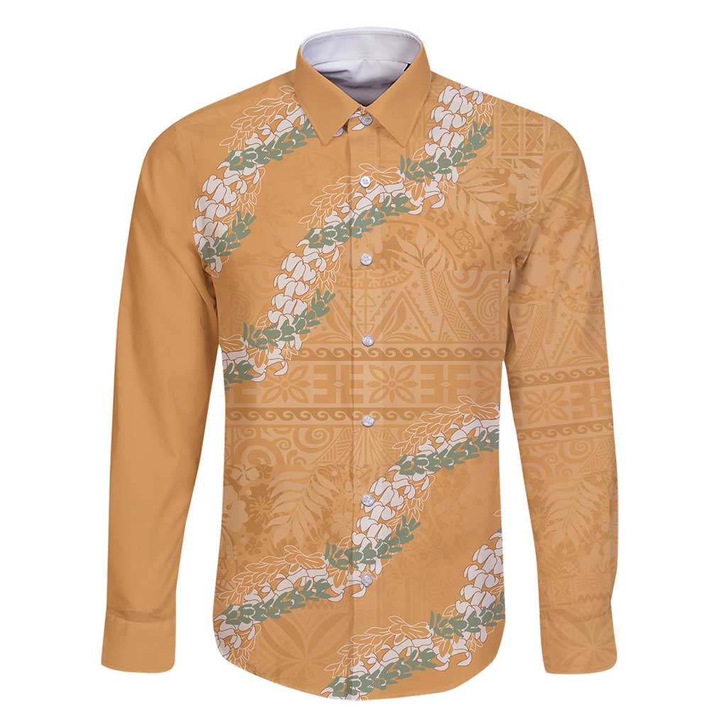 Aloha Pakalana and Puakenikeni Lei Family Matching Summer Maxi Dress and Hawaiian Shirt Gold Hawaiian Pattern LT9 Dad's Shirt - Long Sleeve Gold - Polynesian Pride