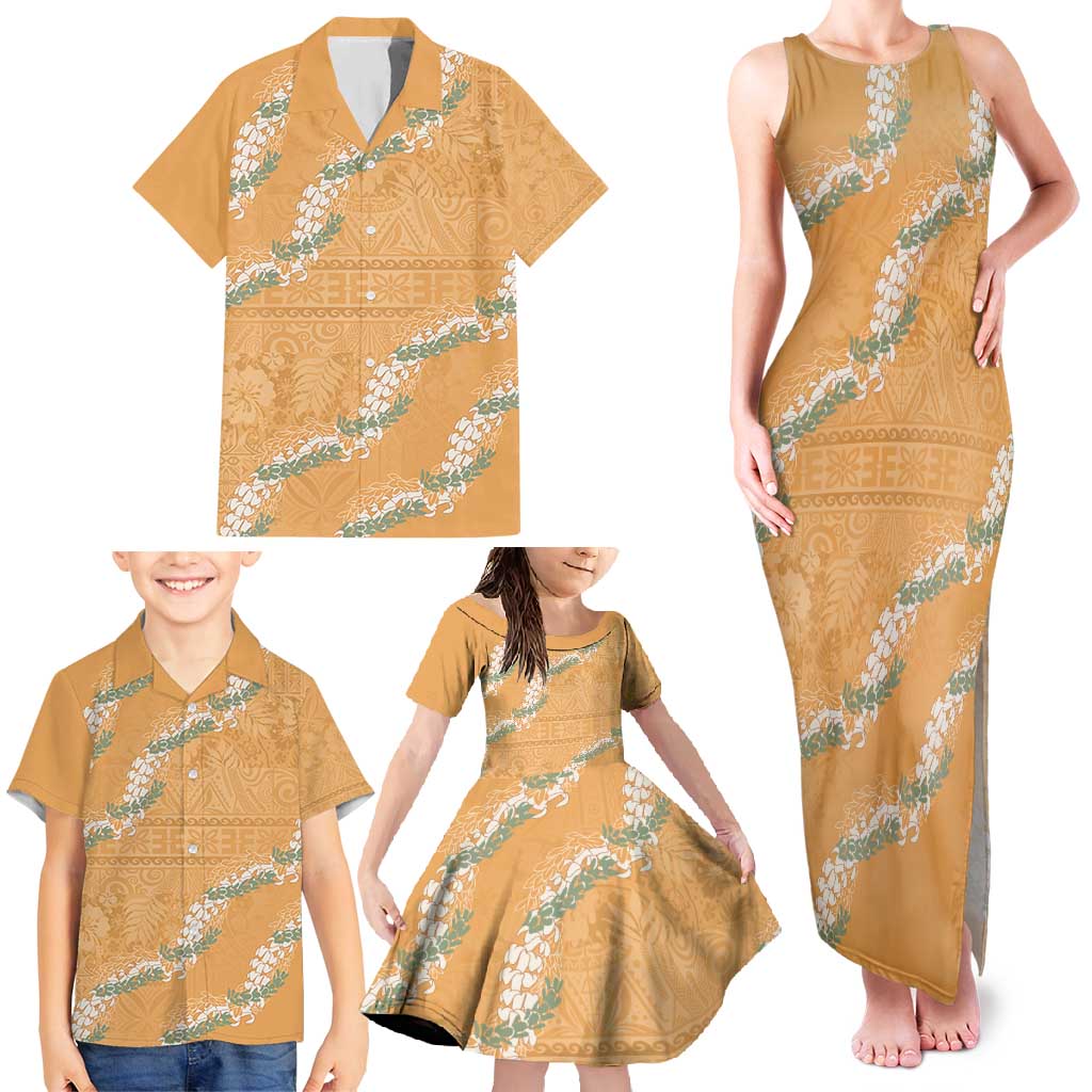 Aloha Pakalana and Puakenikeni Lei Family Matching Tank Maxi Dress and Hawaiian Shirt Gold Hawaiian Pattern LT9 - Polynesian Pride