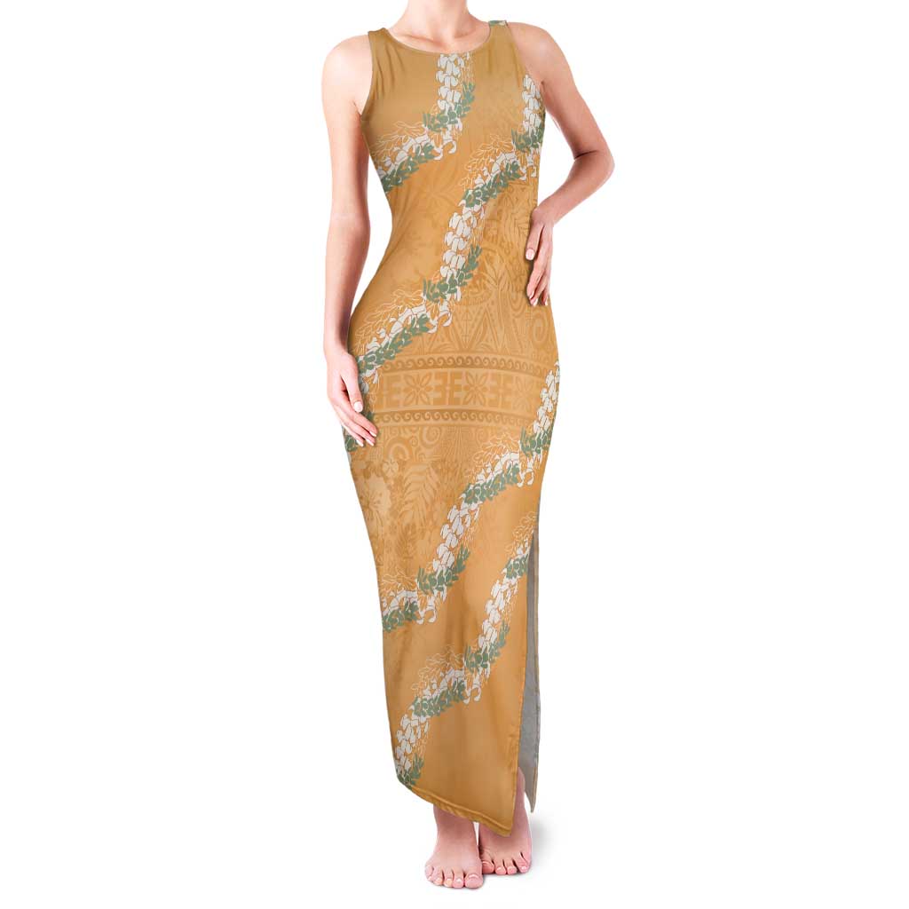 Aloha Pakalana and Puakenikeni Lei Family Matching Tank Maxi Dress and Hawaiian Shirt Gold Hawaiian Pattern LT9 Mom's Dress Gold - Polynesian Pride