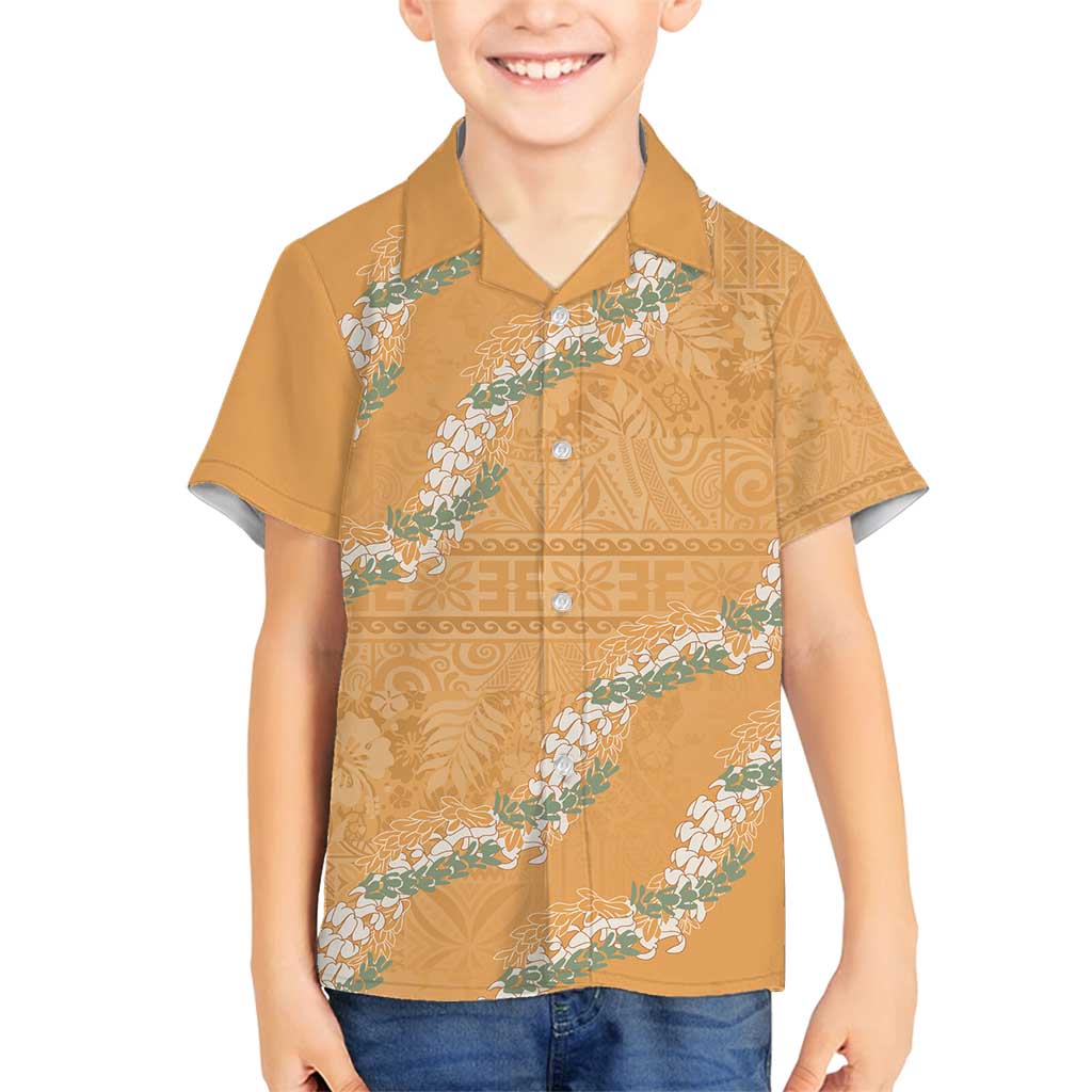 Aloha Pakalana and Puakenikeni Lei Family Matching Tank Maxi Dress and Hawaiian Shirt Gold Hawaiian Pattern LT9 Son's Shirt Gold - Polynesian Pride