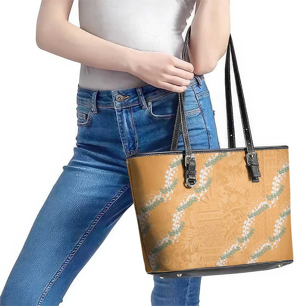 Aloha Pakalana and Puakenikeni Lei Leather Tote Bag Gold Hawaiian Pattern