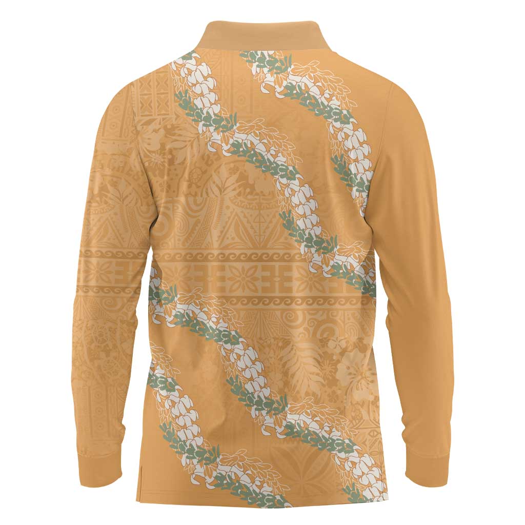 Aloha Pakalana and Puakenikeni Lei Long Sleeve Polo Shirt Gold Hawaiian Pattern LT9 - Polynesian Pride