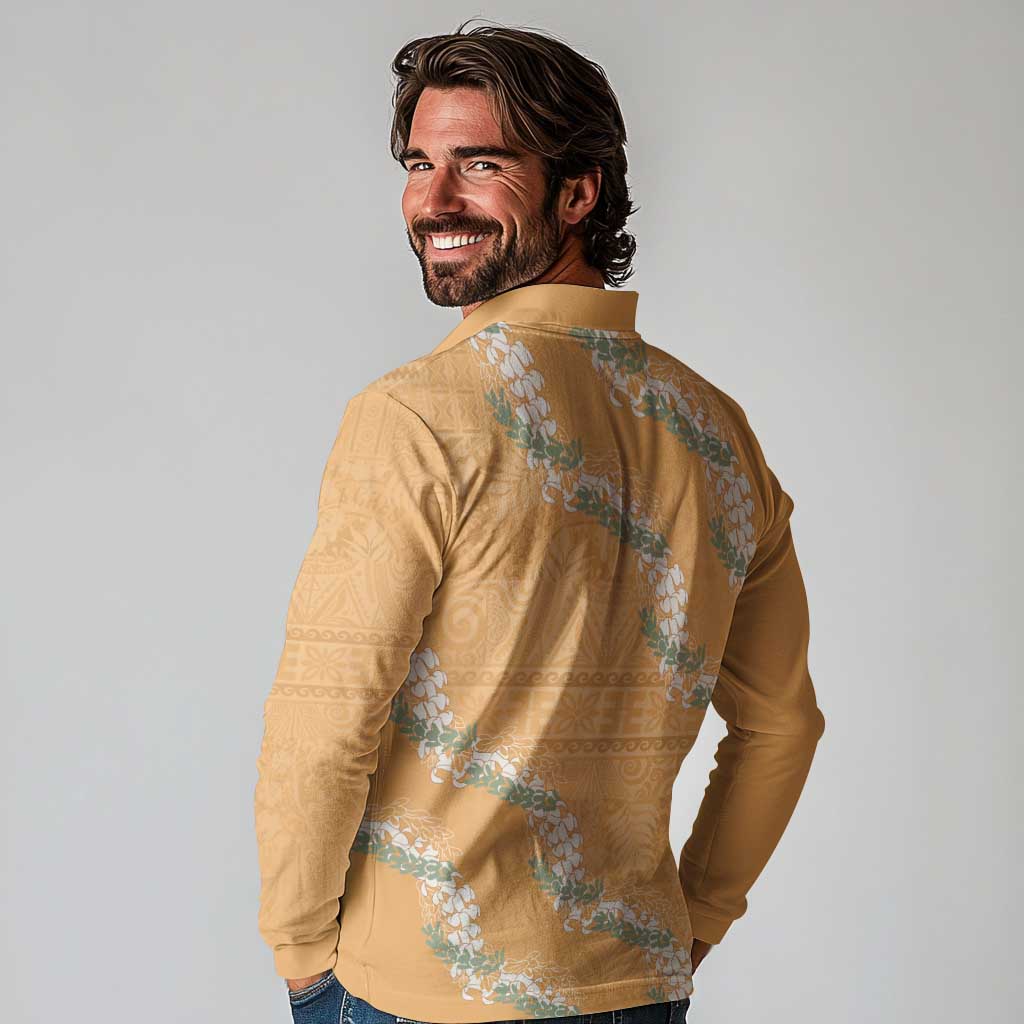 Aloha Pakalana and Puakenikeni Lei Long Sleeve Polo Shirt Gold Hawaiian Pattern LT9 - Polynesian Pride