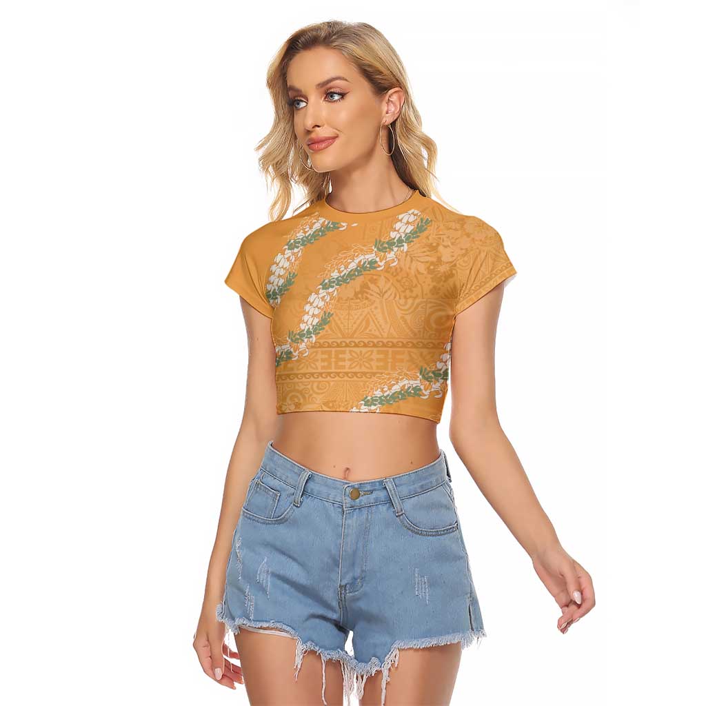 Aloha Pakalana and Puakenikeni Lei Raglan Cropped T Shirt Gold Hawaiian Pattern