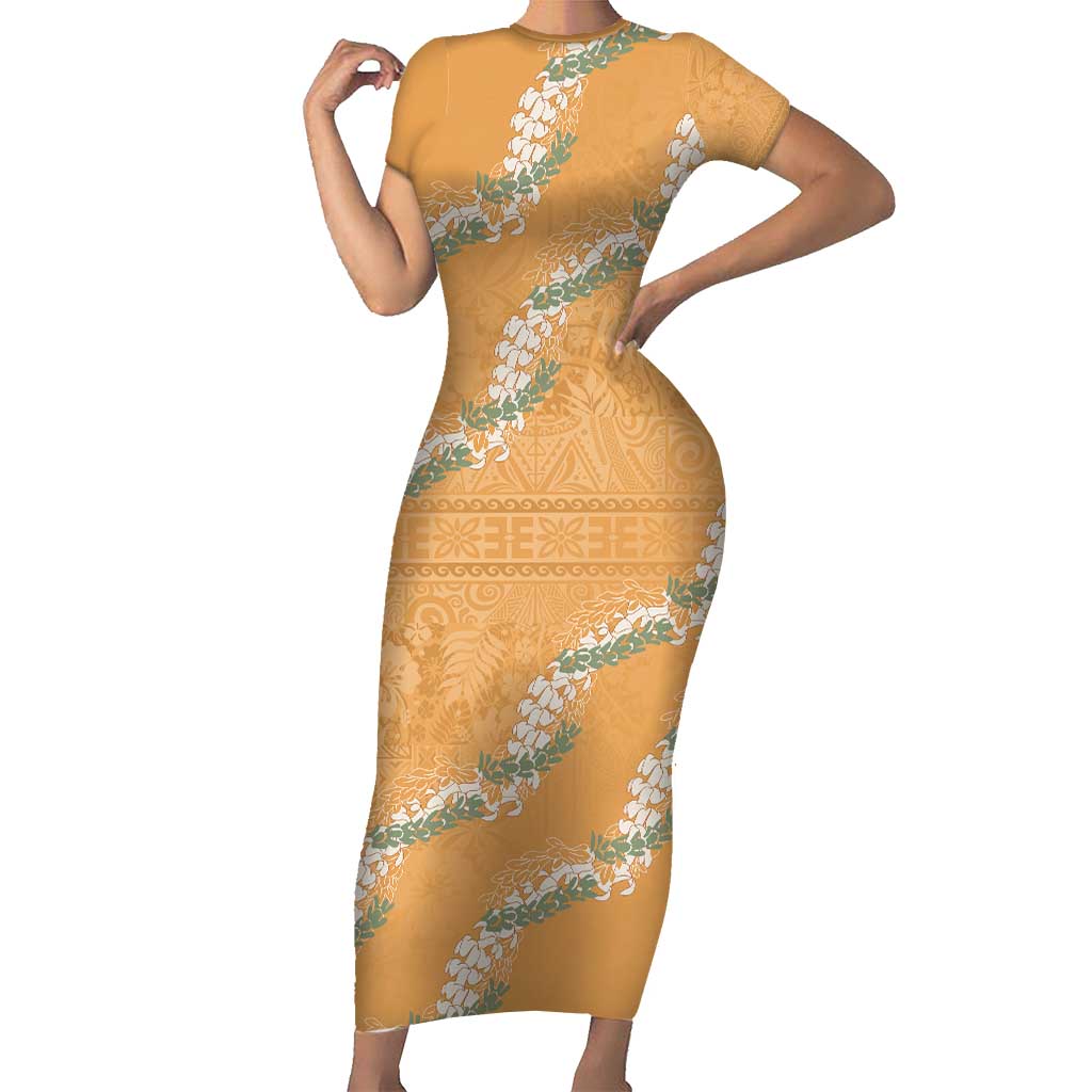 Aloha Pakalana and Puakenikeni Lei Short Sleeve Bodycon Dress Gold Hawaiian Pattern LT9 Long Dress Gold - Polynesian Pride