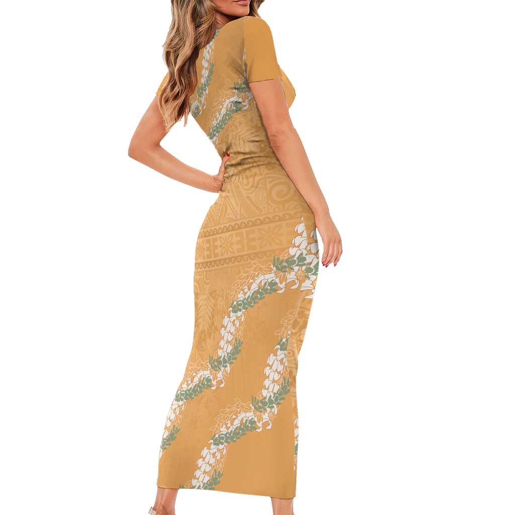 Aloha Pakalana and Puakenikeni Lei Short Sleeve Bodycon Dress Gold Hawaiian Pattern LT9 - Polynesian Pride