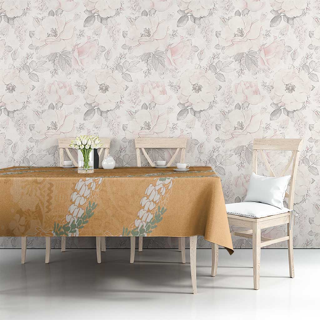 Aloha Pakalana and Puakenikeni Lei Tablecloth Gold Hawaiian Pattern