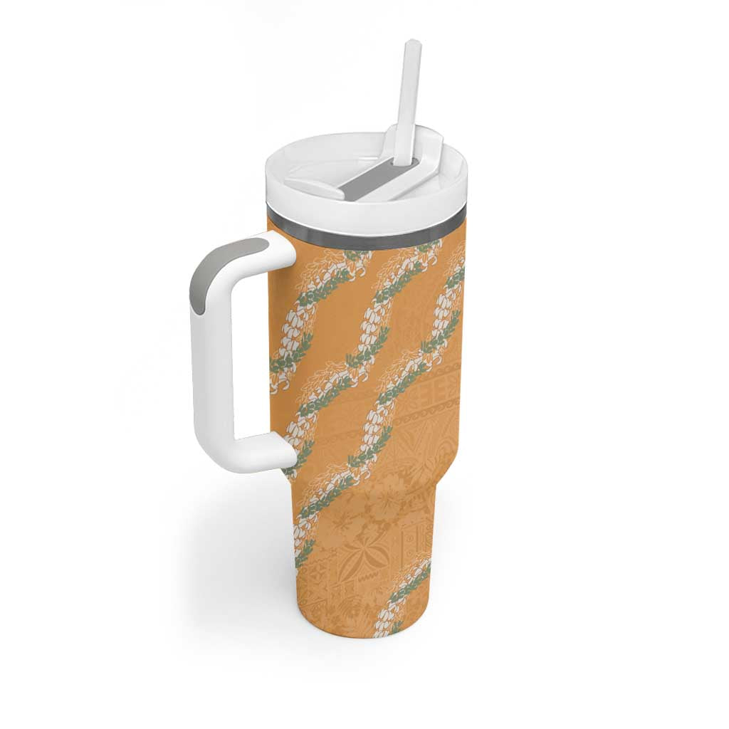 Aloha Pakalana and Puakenikeni Lei Tumbler With Handle Gold Hawaiian Pattern