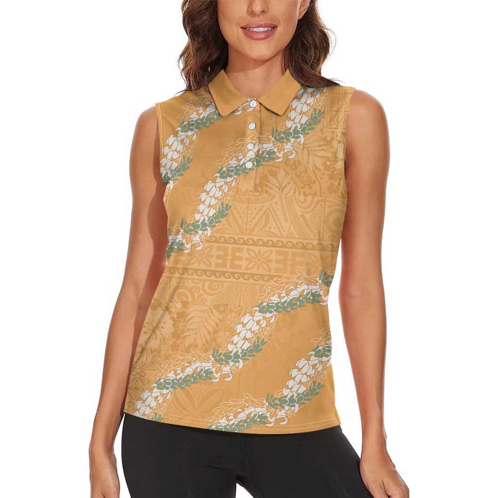 Aloha Pakalana and Puakenikeni Lei Women Sleeveless Polo Shirt Gold Hawaiian Pattern LT9 - Polynesian Pride