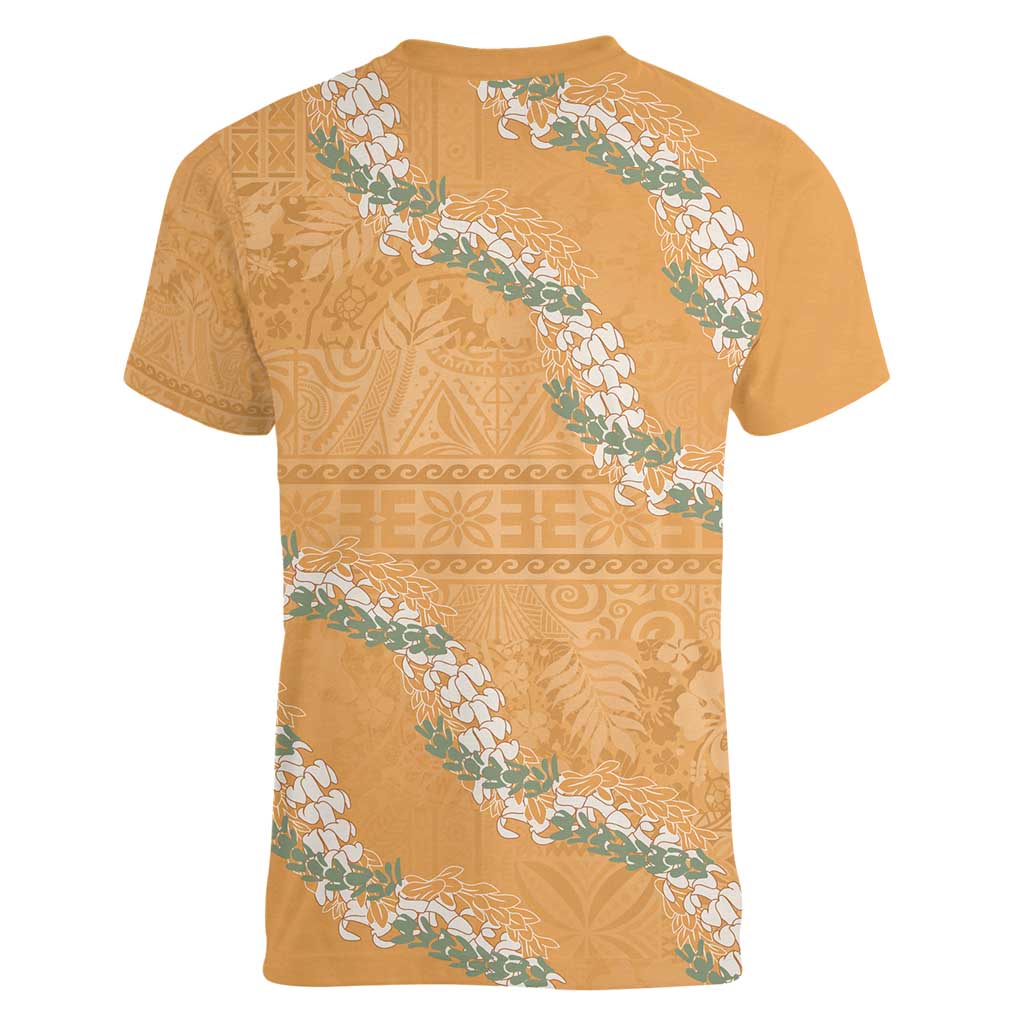 Aloha Pakalana and Puakenikeni Lei Women V-Neck T-Shirt Gold Hawaiian Pattern LT9 - Polynesian Pride