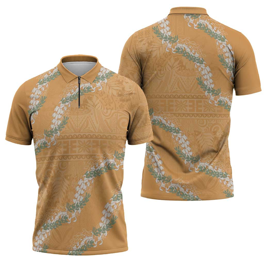 Aloha Pakalana and Puakenikeni Lei Zipper Polo Shirt Gold Hawaiian Pattern LT9 - Polynesian Pride