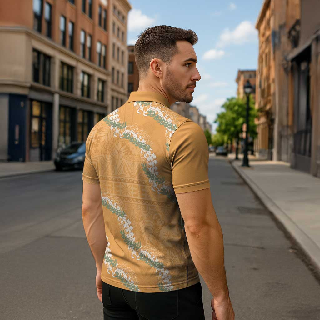 Aloha Pakalana and Puakenikeni Lei Zipper Polo Shirt Gold Hawaiian Pattern LT9 - Polynesian Pride