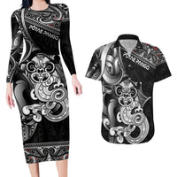 Personalised New Zealand Potae Pango Cricket Couples Matching Long Sleeve Bodycon Dress and Hawaiian Shirt Special Maori Hei Tiki Tribal Tattoo LT9 Black - Polynesian Pride