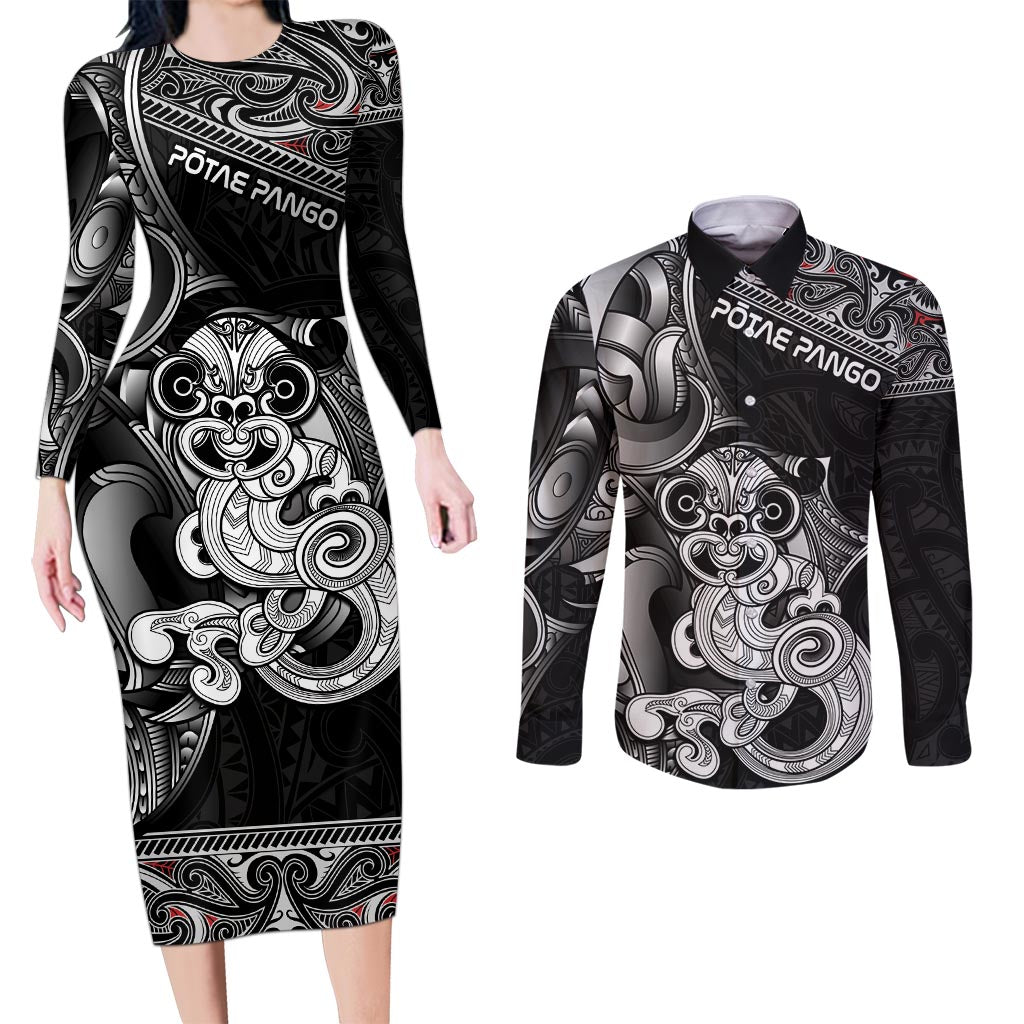 Personalised New Zealand Potae Pango Cricket Couples Matching Long Sleeve Bodycon Dress and Long Sleeve Button Shirt Special Maori Hei Tiki Tribal Tattoo LT9 Black - Polynesian Pride