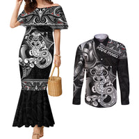 Personalised New Zealand Potae Pango Cricket Couples Matching Mermaid Dress and Long Sleeve Button Shirt Special Maori Hei Tiki Tribal Tattoo LT9 Black - Polynesian Pride