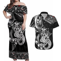 Personalised New Zealand Potae Pango Cricket Couples Matching Off Shoulder Maxi Dress and Hawaiian Shirt Special Maori Hei Tiki Tribal Tattoo LT9 Black - Polynesian Pride
