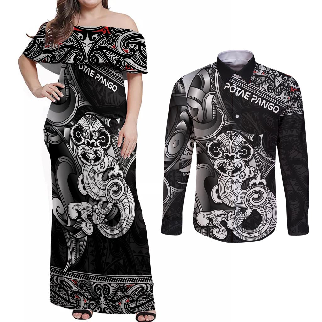 Personalised New Zealand Potae Pango Cricket Couples Matching Off Shoulder Maxi Dress and Long Sleeve Button Shirt Special Maori Hei Tiki Tribal Tattoo LT9 Black - Polynesian Pride