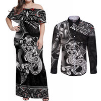 Personalised New Zealand Potae Pango Cricket Couples Matching Off Shoulder Maxi Dress and Long Sleeve Button Shirt Special Maori Hei Tiki Tribal Tattoo LT9 Black - Polynesian Pride