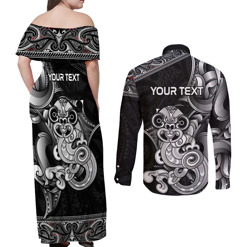 Personalised New Zealand Potae Pango Cricket Couples Matching Off Shoulder Maxi Dress and Long Sleeve Button Shirt Special Maori Hei Tiki Tribal Tattoo LT9 - Polynesian Pride