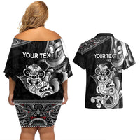 Personalised New Zealand Potae Pango Cricket Couples Matching Off Shoulder Short Dress and Hawaiian Shirt Special Maori Hei Tiki Tribal Tattoo LT9 - Polynesian Pride