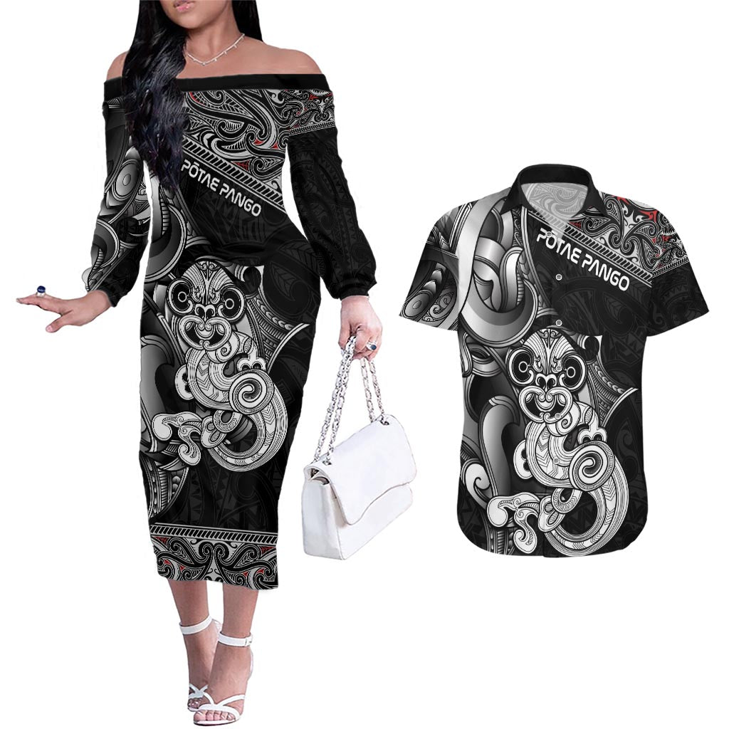 Personalised New Zealand Potae Pango Cricket Couples Matching Off The Shoulder Long Sleeve Dress and Hawaiian Shirt Special Maori Hei Tiki Tribal Tattoo LT9 Black - Polynesian Pride