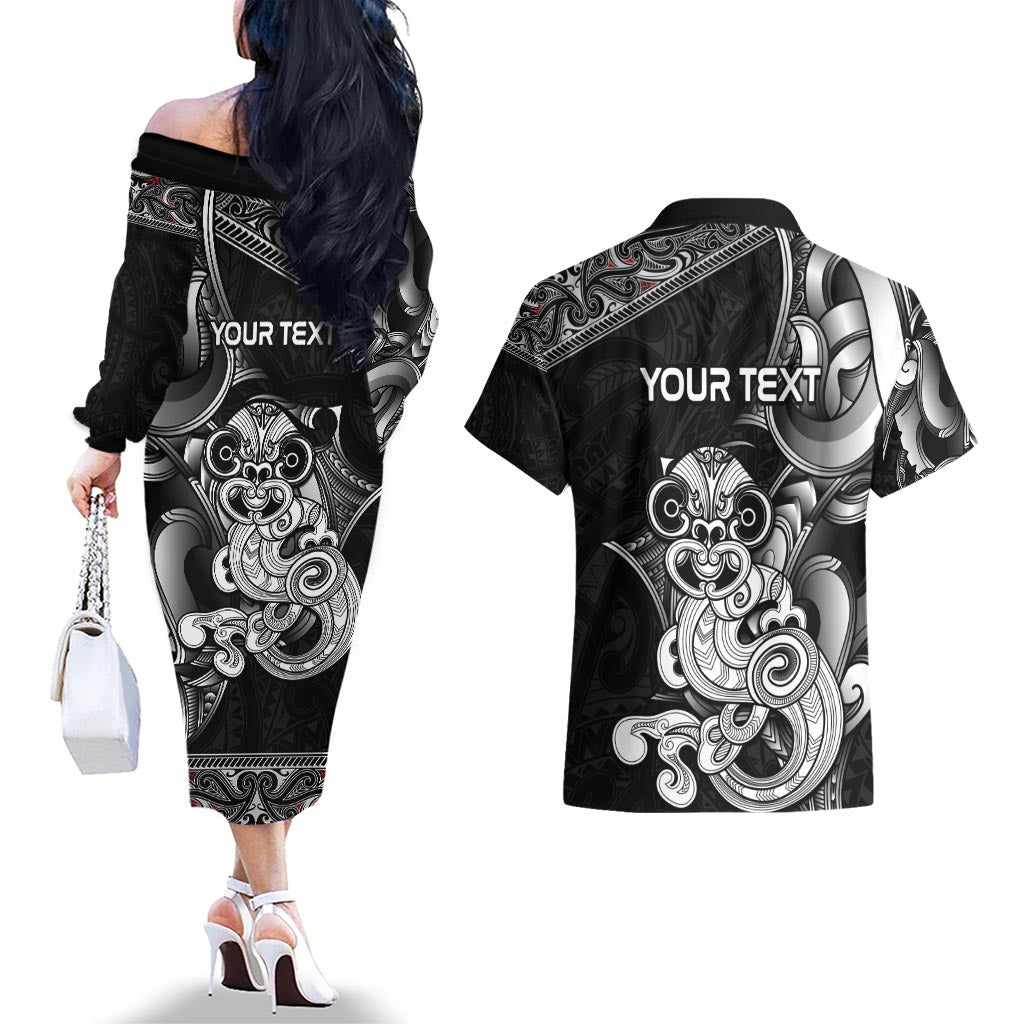 Personalised New Zealand Potae Pango Cricket Couples Matching Off The Shoulder Long Sleeve Dress and Hawaiian Shirt Special Maori Hei Tiki Tribal Tattoo LT9 - Polynesian Pride