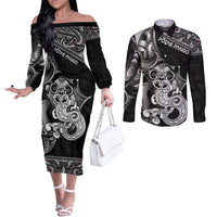 Personalised New Zealand Potae Pango Cricket Couples Matching Off The Shoulder Long Sleeve Dress and Long Sleeve Button Shirt Special Maori Hei Tiki Tribal Tattoo LT9 Black - Polynesian Pride