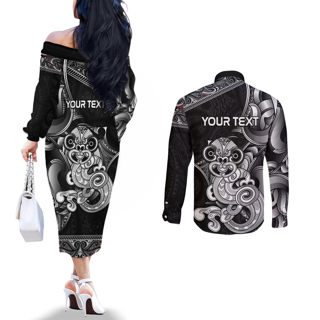 Personalised New Zealand Potae Pango Cricket Couples Matching Off The Shoulder Long Sleeve Dress and Long Sleeve Button Shirt Special Maori Hei Tiki Tribal Tattoo LT9 - Polynesian Pride