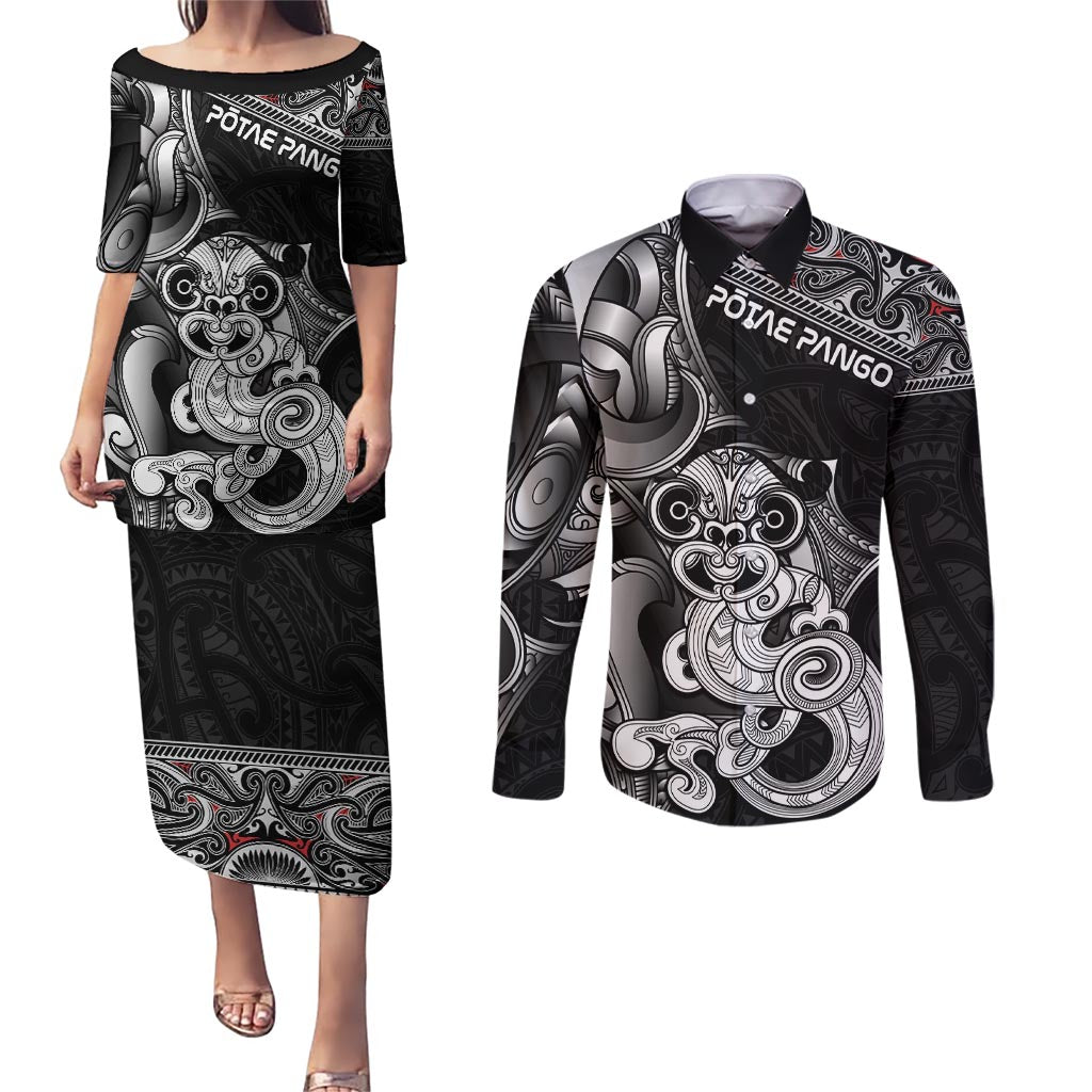 Personalised New Zealand Potae Pango Cricket Couples Matching Puletasi and Long Sleeve Button Shirt Special Maori Hei Tiki Tribal Tattoo LT9 Black - Polynesian Pride