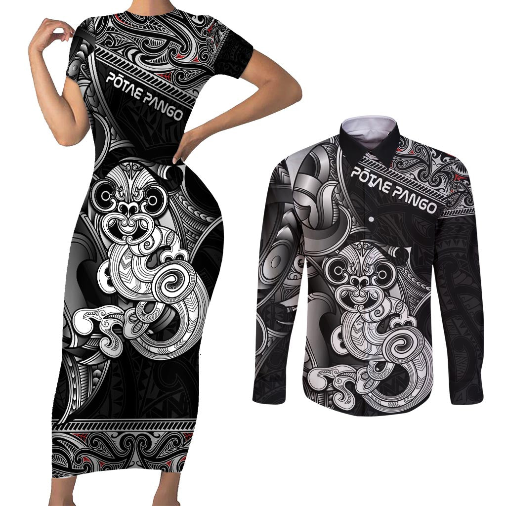 Personalised New Zealand Potae Pango Cricket Couples Matching Short Sleeve Bodycon Dress and Long Sleeve Button Shirt Special Maori Hei Tiki Tribal Tattoo LT9 Black - Polynesian Pride