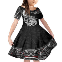 Personalised New Zealand Potae Pango Cricket Family Matching Mermaid Dress and Hawaiian Shirt Special Maori Hei Tiki Tribal Tattoo LT9 Daughter's Dress Black - Polynesian Pride