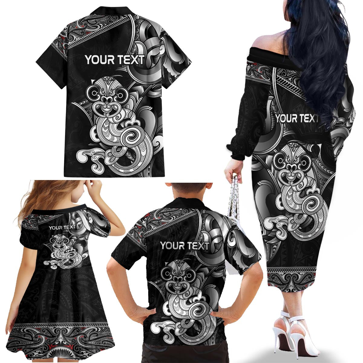 Personalised New Zealand Potae Pango Cricket Family Matching Off The Shoulder Long Sleeve Dress and Hawaiian Shirt Special Maori Hei Tiki Tribal Tattoo LT9 - Polynesian Pride
