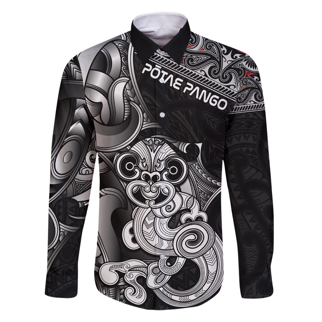 Personalised New Zealand Potae Pango Cricket Family Matching Off Shoulder Maxi Dress and Hawaiian Shirt Special Maori Hei Tiki Tribal Tattoo LT9 Dad's Shirt - Long Sleeve Black - Polynesian Pride