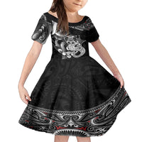Personalised New Zealand Potae Pango Cricket Family Matching Puletasi and Hawaiian Shirt Special Maori Hei Tiki Tribal Tattoo LT9 Daughter's Dress Black - Polynesian Pride