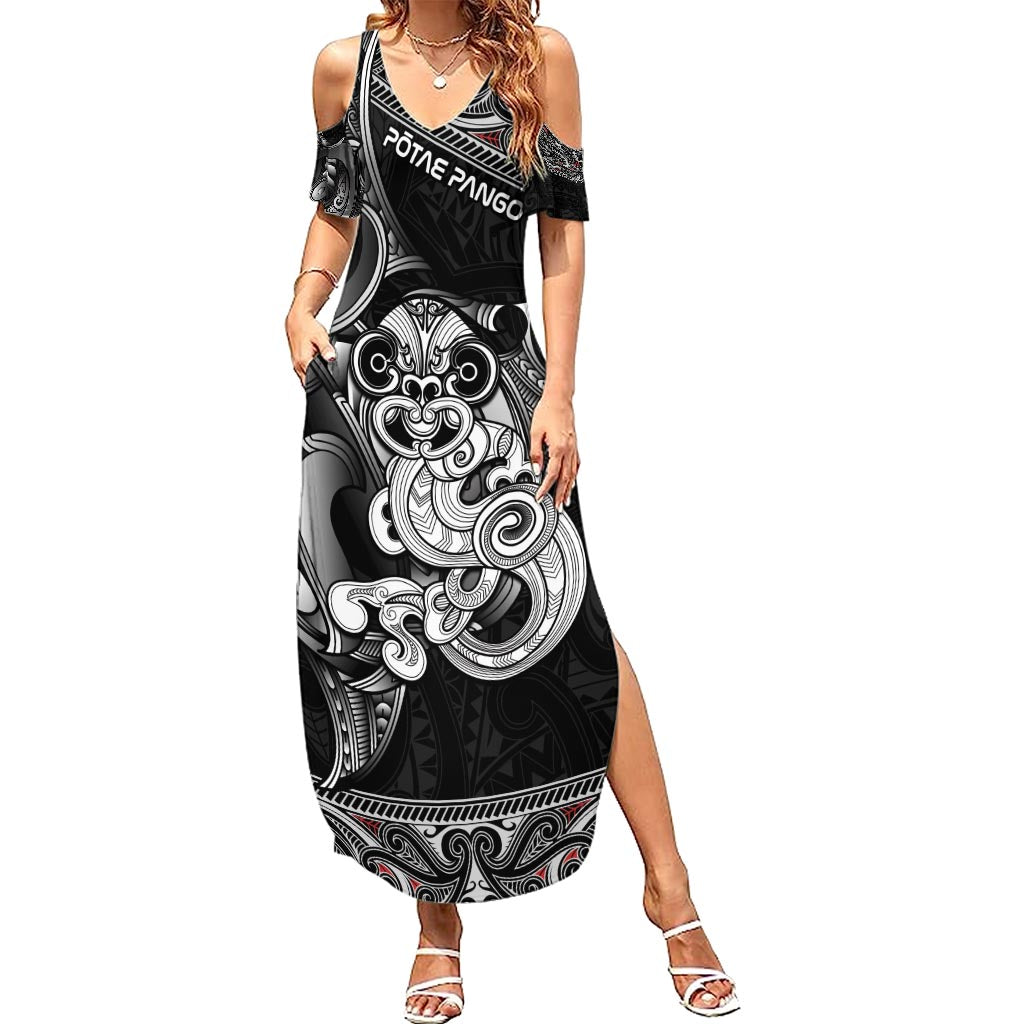 Personalised New Zealand Potae Pango Cricket Family Matching Summer Maxi Dress and Hawaiian Shirt Special Maori Hei Tiki Tribal Tattoo LT9 Mom's Dress Black - Polynesian Pride