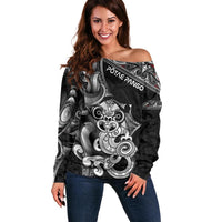Personalised New Zealand Potae Pango Cricket Off Shoulder Sweater Special Maori Hei Tiki Tribal Tattoo LT9 Women Black - Polynesian Pride