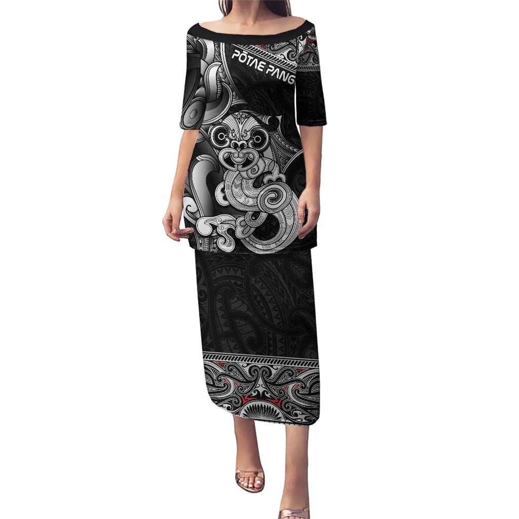 Personalised New Zealand Potae Pango Cricket Puletasi Special Maori Hei Tiki Tribal Tattoo LT9 Long Dress Black - Polynesian Pride