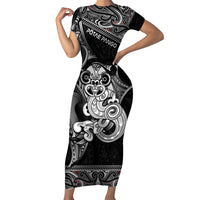 Personalised New Zealand Potae Pango Cricket Short Sleeve Bodycon Dress Special Maori Hei Tiki Tribal Tattoo LT9 Long Dress Black - Polynesian Pride