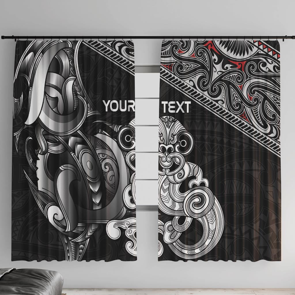 Personalised New Zealand Potae Pango Cricket Window Curtain Special Maori Hei Tiki Tribal Tattoo LT9 With Hooks Black - Polynesian Pride
