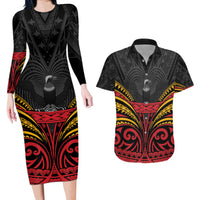 Custom Papua New Guinea Cricket Couples Matching Long Sleeve Bodycon Dress and Hawaiian Shirt PNG Emblem Mix Polyneisan Pattern LT9 Black - Polynesian Pride