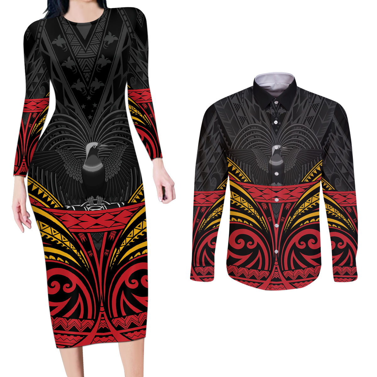 Custom Papua New Guinea Cricket Couples Matching Long Sleeve Bodycon Dress and Long Sleeve Button Shirt PNG Emblem Mix Polyneisan Pattern LT9 Black - Polynesian Pride