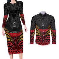 Custom Papua New Guinea Cricket Couples Matching Long Sleeve Bodycon Dress and Long Sleeve Button Shirt PNG Emblem Mix Polyneisan Pattern LT9 Black - Polynesian Pride